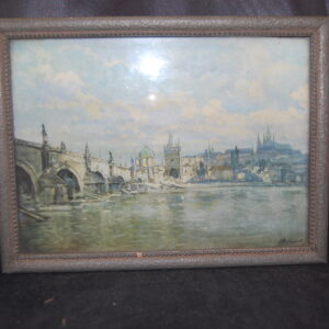 De beschrijving ‘Prag’ (City of Prague, hoofdstad van de Tsjechische Republiek) Biografie van Otto Hamel Geleverd op de Grote Duitse Kunsttentoonstelling 1940 kamer 38; gekocht door Joachim von Ribbentrop, minister van Buitenlandse Zaken (1933 – 1945). Aan de achterkant zijn er drie originele GDK stickers, één met de tekst: ‘ Anschrift f’r die Rucksendung, Von Ribbentrop, Reichsaussenminister, Berlijn, Wilhelmstrasse 70 – 76o Verspreid in Kunst dem Volk, 1940. Gepresenteerd in de GDK 1940 kamer 38. Gekocht door Von Ribbentrop voor 2.500 Reichsmark.