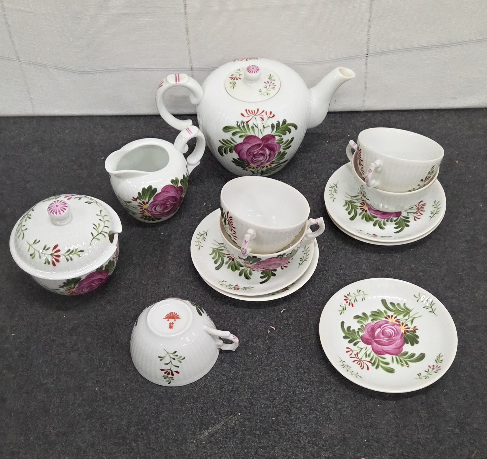 Prachtig Japans Porseleinen Theeservies – Roze Rozen – Vintage Nippon