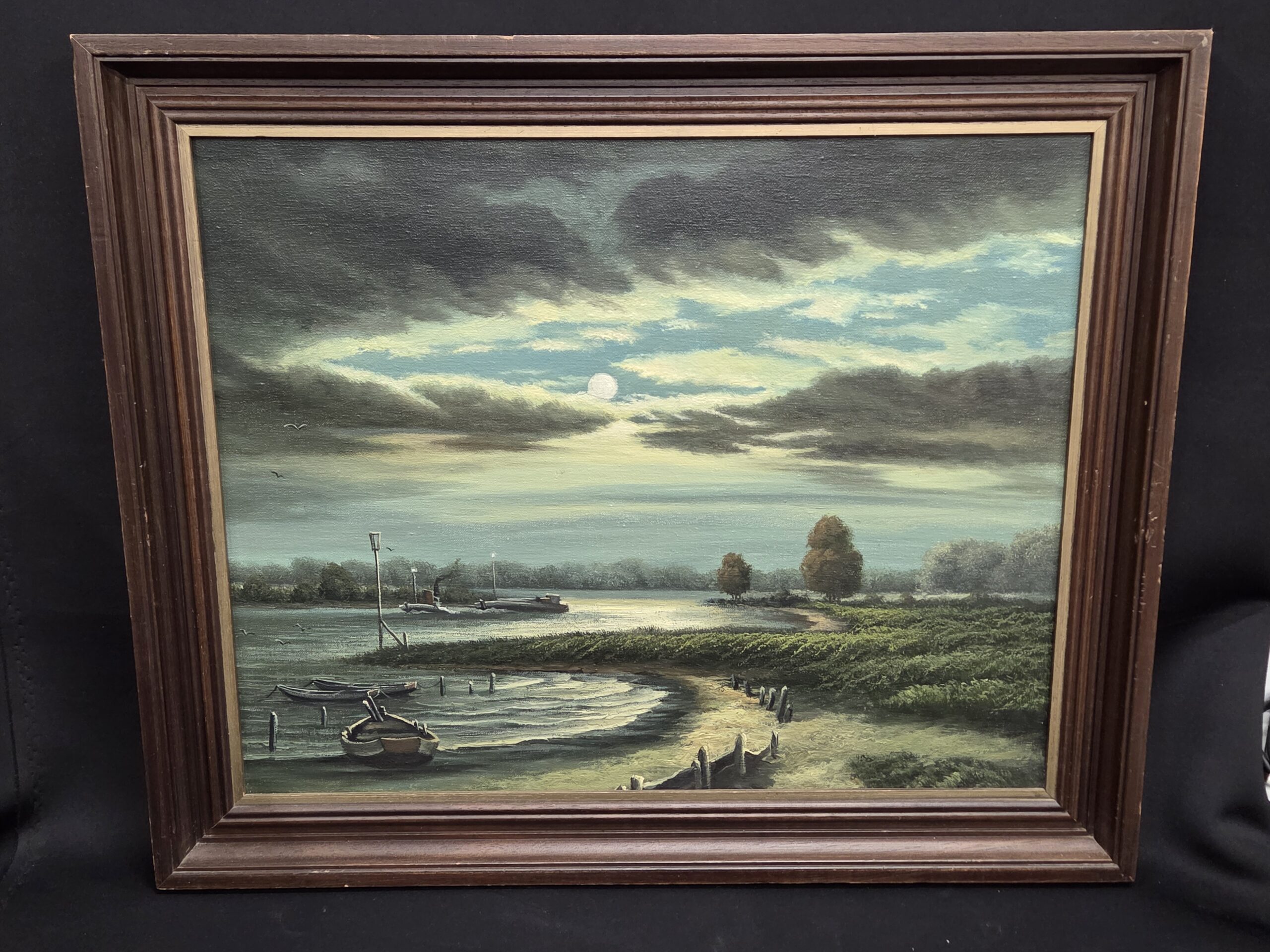 Sfeervol olieverfschilderij – Hollands rivierlandschap bij maneschijn (incl. lijst)