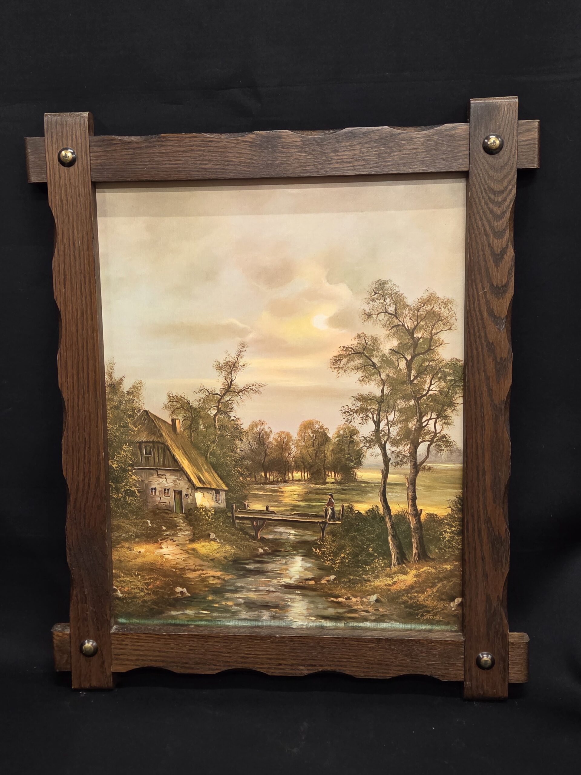 Sfeervol Landschapsschilderij ‘Huisje aan de Rivier’ door A. Franke – Inclusief Rustieke Eiken Lijst (62 x 51,5 cm)