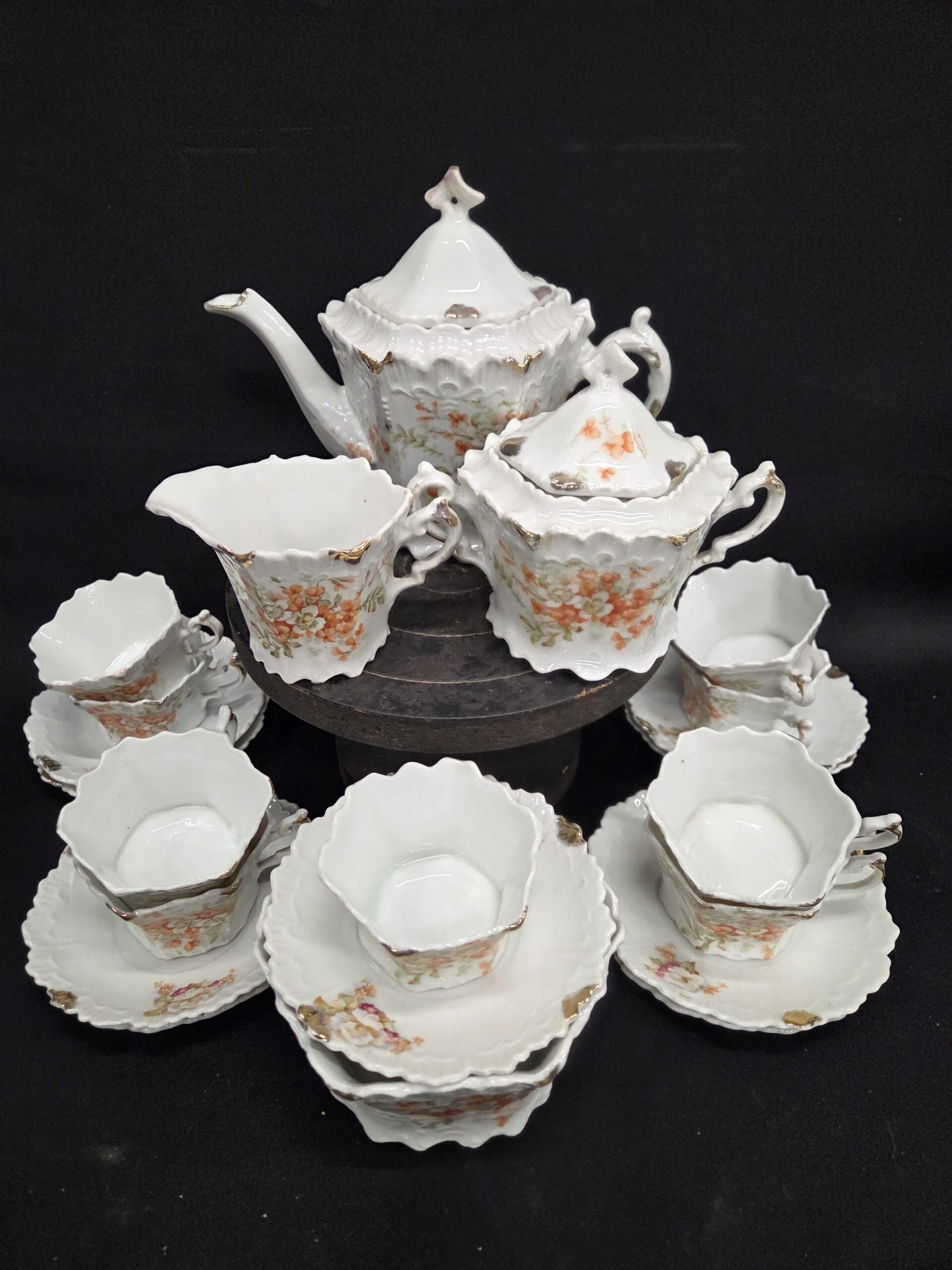 Origineel Jaren 70 Retro Servies – Oranje/Bruin – Koffiepot, Suiker/Melk & Kopjes