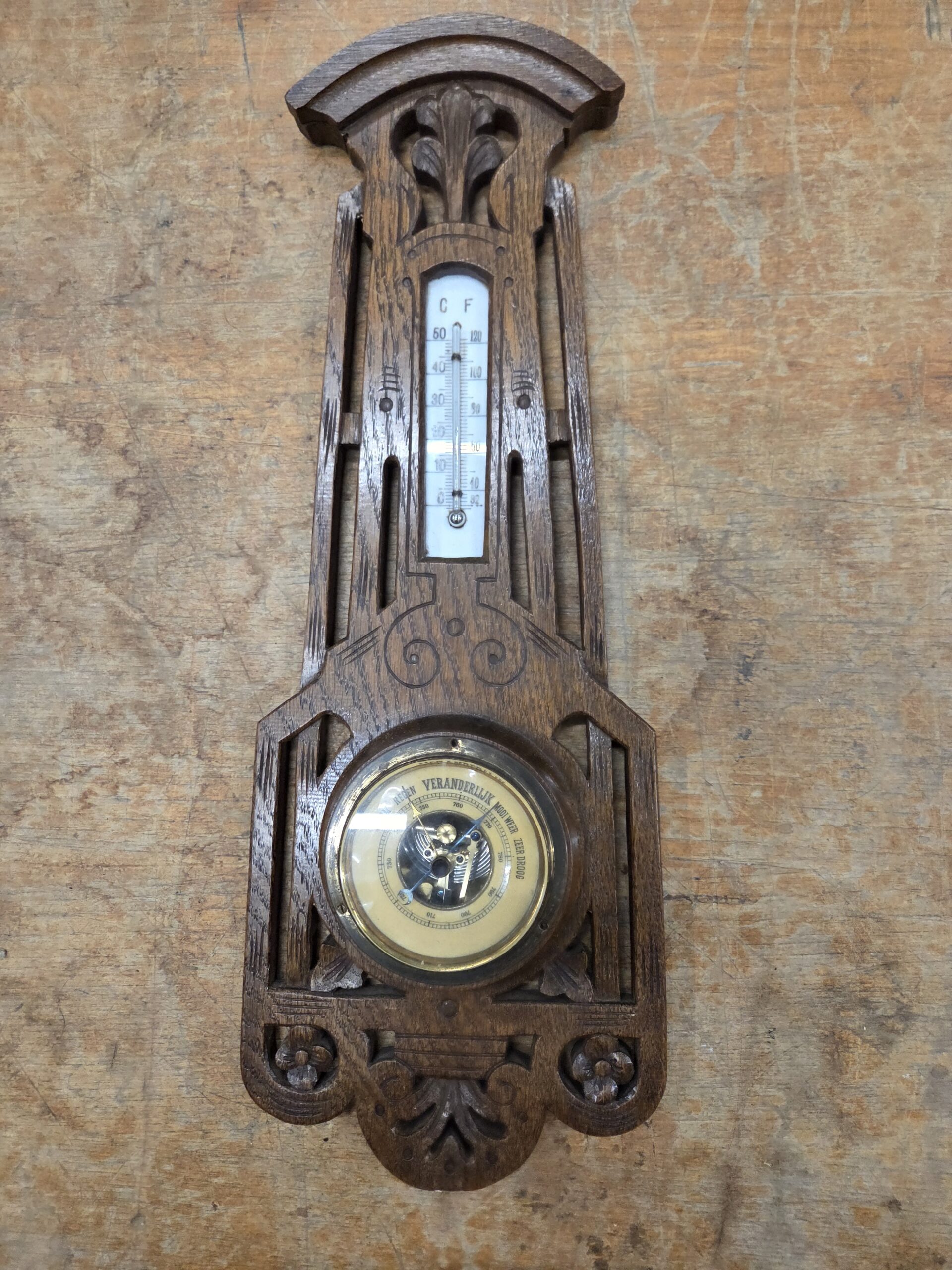 Antieke/Vintage Houten Banjo Barometer met Thermometer – Houtsnijwerk